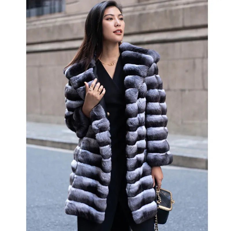Women's zebra stripe faux mink overcoat with regular sleeves and medium length