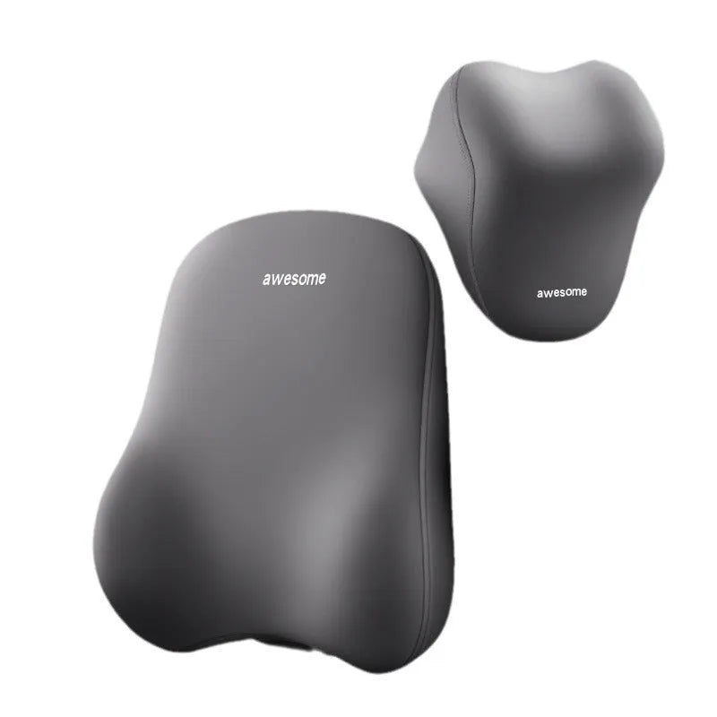 Automotive headrest and lumbar support pillow set in beige, black, and grey colour options