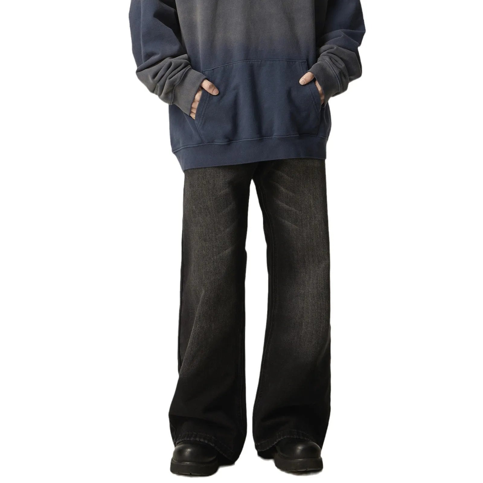 Black loose straight retro jeans with zipper fly closure on plain background