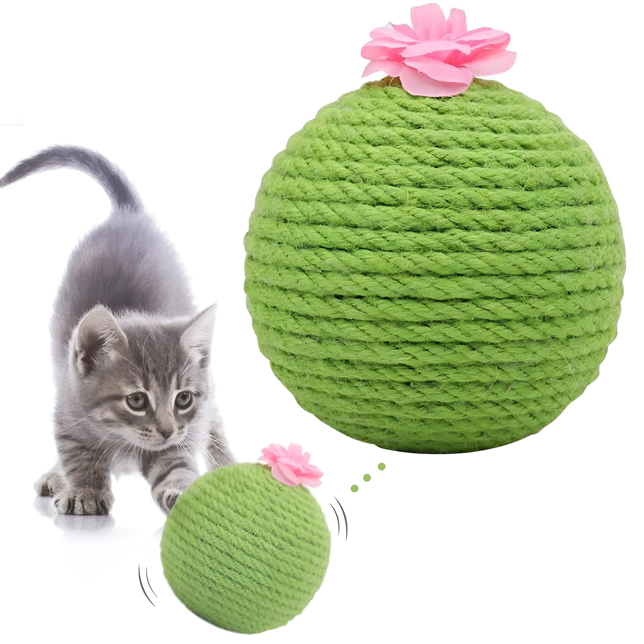Green cactus-shaped cat scratcher with rolling ball and sisal tree tower for indoor feline play
