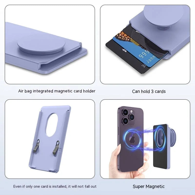 Minimalist black magnetic suction phone holder for iPhone on a desk.