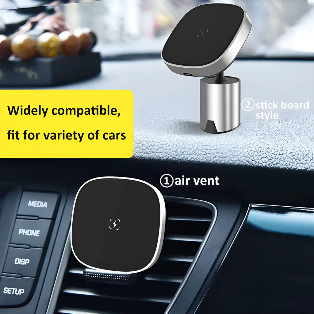 Grey magnetic wireless car phone charger holder for iPhone 12 series on dashboard