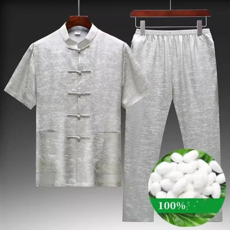 Traditional Chinese-style mulberry silk Tang suit for men in light green.