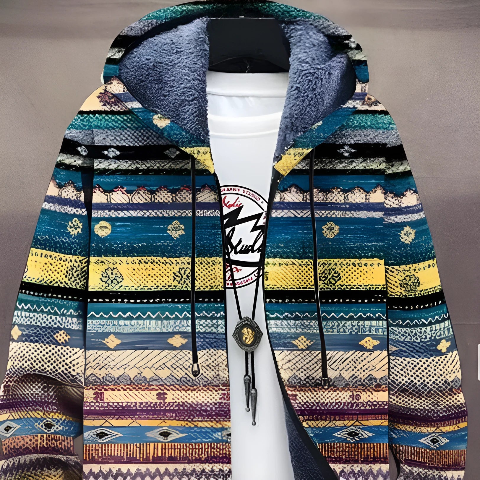 Printed plush lined thickened long-sleeved windproof jacket with digital print in loose fit polyester fabric, size S to 4XL