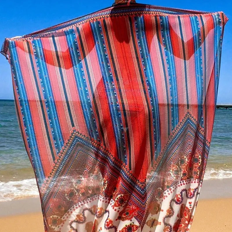 Women's three-piece swimsuit set showing high-waist briefs, sleeveless cutout top, and matching swim coat.