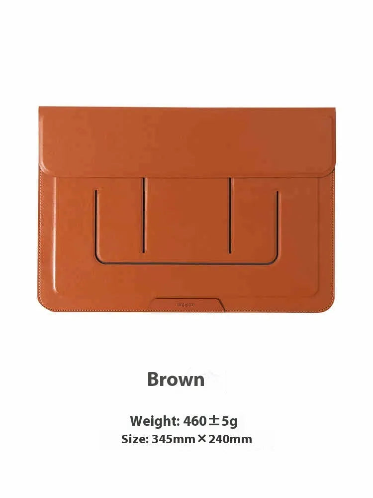 Brown 13.3 inch laptop bracket bag with integrated stand and storage compartments open.