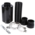 Car modification turbo high flow air box kit in black carbon fibre with stainless steel clamps on a workbench