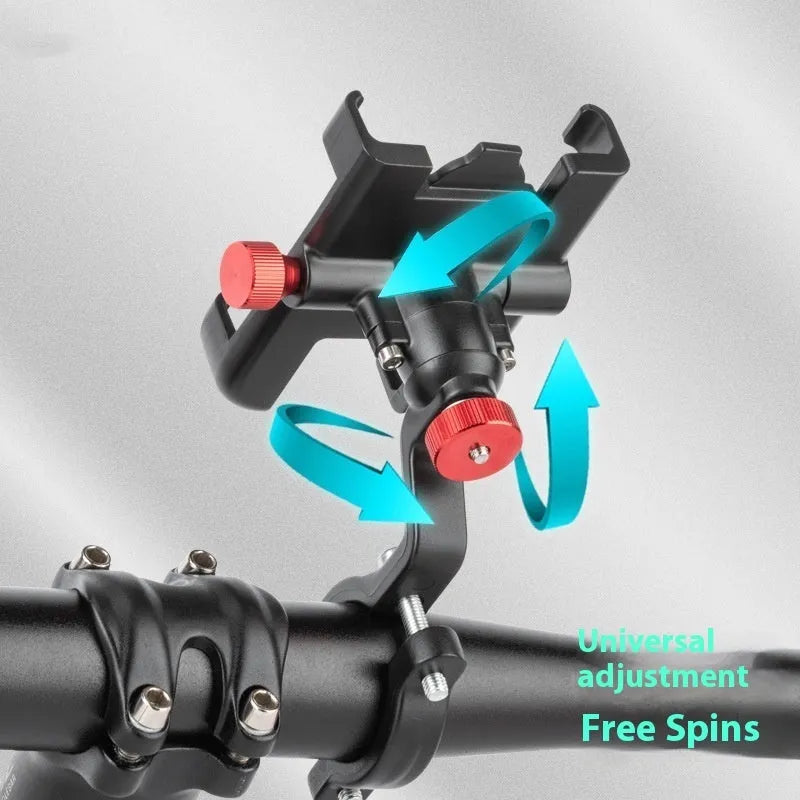 Aluminium alloy rotating bicycle phone holder in black mounted on handlebar with phone