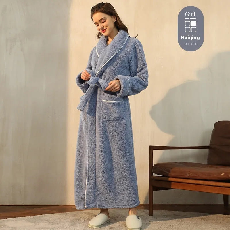 Super thick flannel couple's bathrobe in navy blue, shown on a hanger.