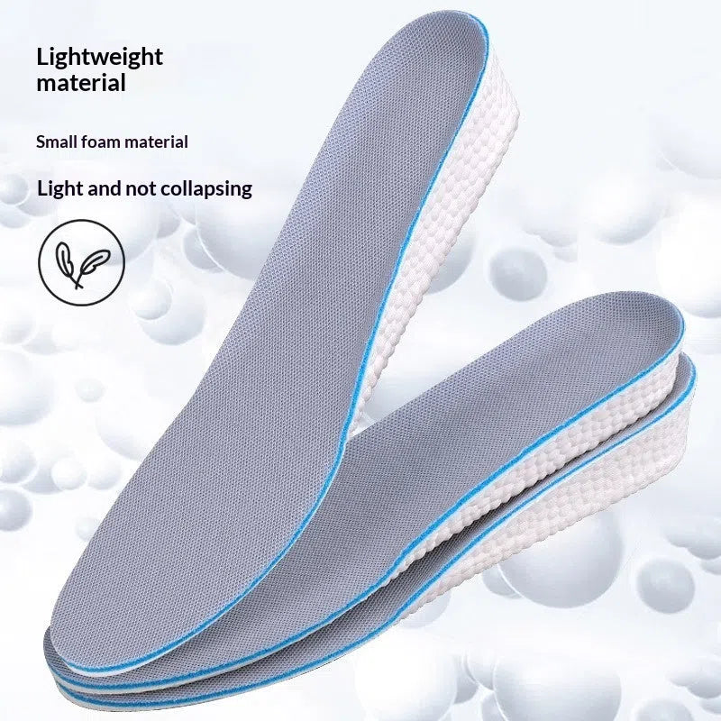 Pair of men's EVA height increasing insoles with full cushion surface and hard base in multiple lift heights