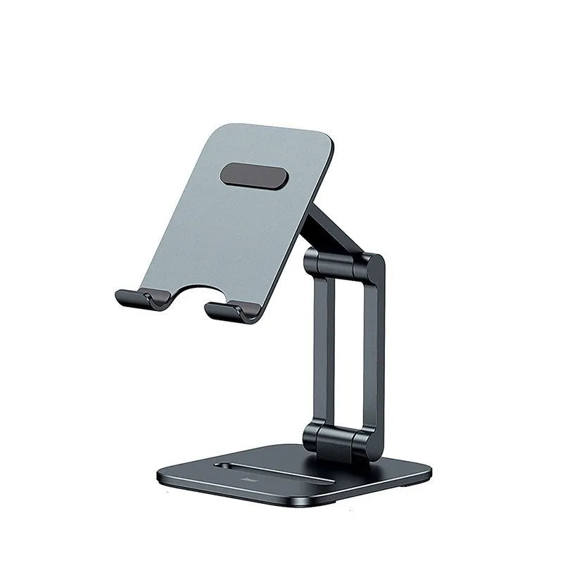 Deep space grey aluminium folding stand holding a tablet at an angle.