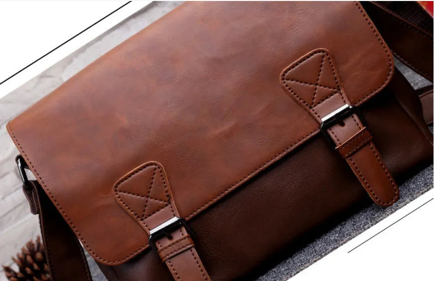 Men's PU leather vintage one-shoulder satchel with plaid pattern, black and brown options, 28x33x8cm