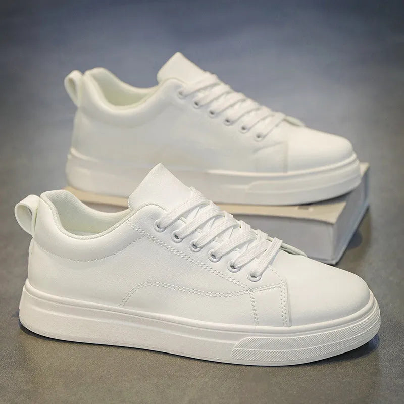 Men's low-top casual sneakers in white, black, and black with white bottom colour options.
