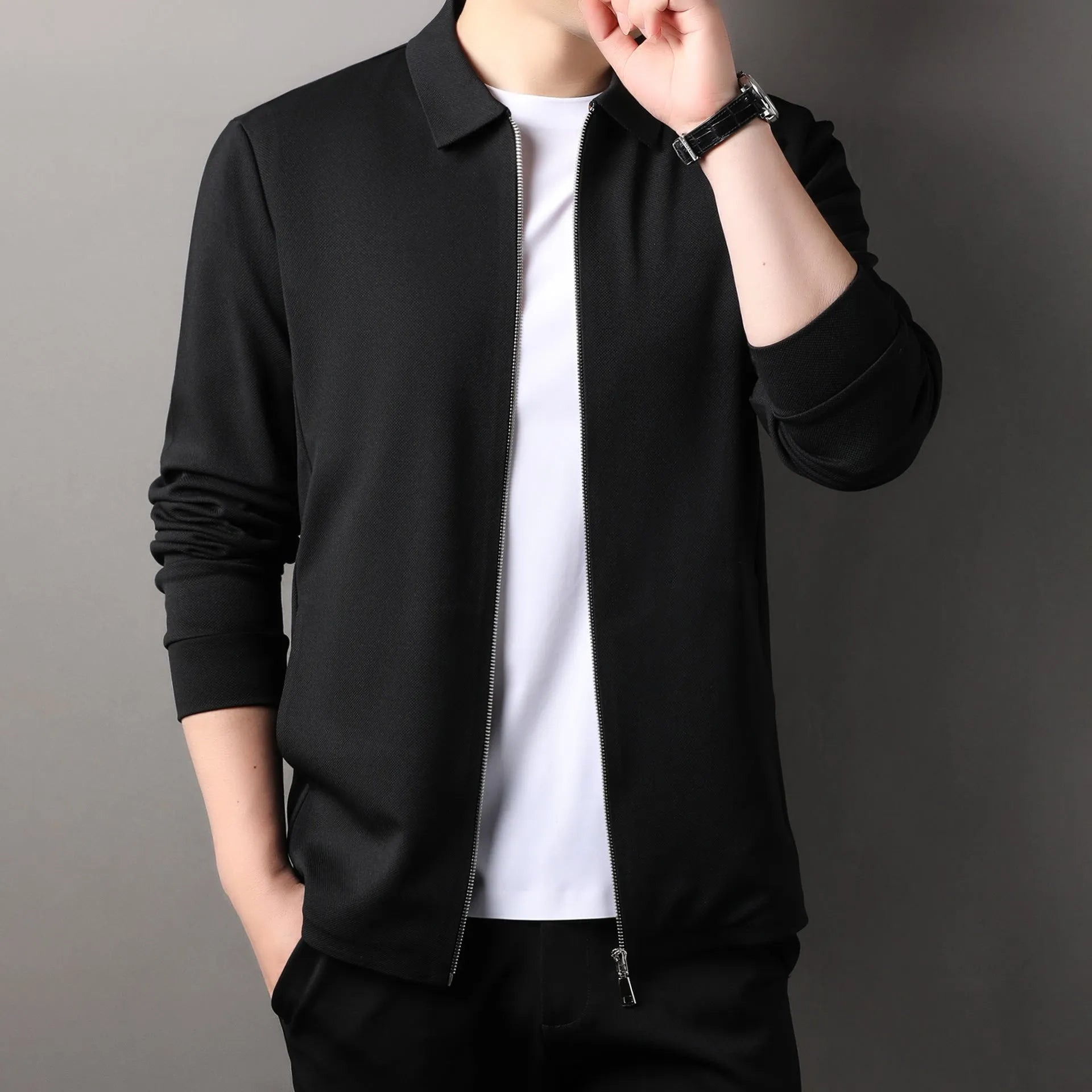 Men's straight-hem polyester jacket in apricot, shown on a hanger.