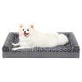 Grey U-shaped removable cover dog sofa bed with embossed velvet fabric, shown in a home setting.