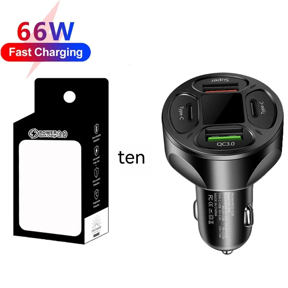66W black digital display car charger with two USB and two Type-C ports for fast charging