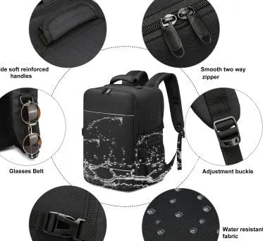 Black boarding bag travel computer backpack with sewing line detail and airpillow straps