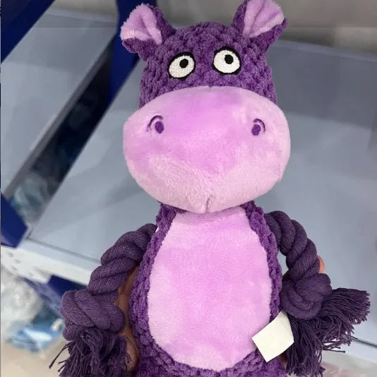 Hippo-shaped plush dog toy with cotton rope sections for tug-of-war games
