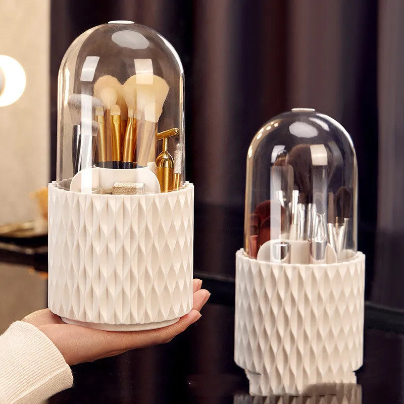 White acrylic makeup brush holder with transparent cover and rotating base for desktop storage