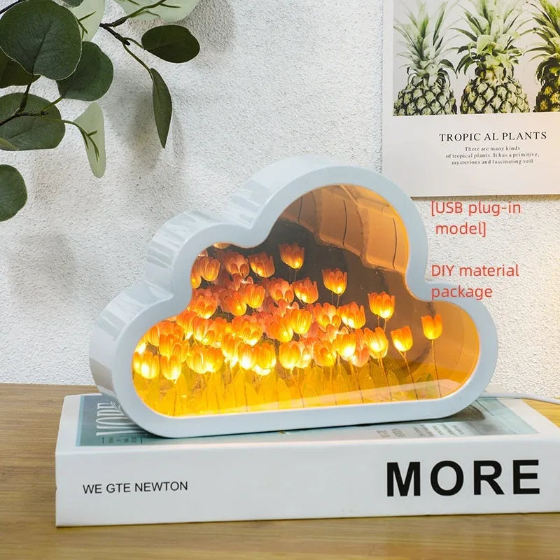 DIY cloud tulip decorative night lamp with LED lights and mirror surface for bedroom or desk