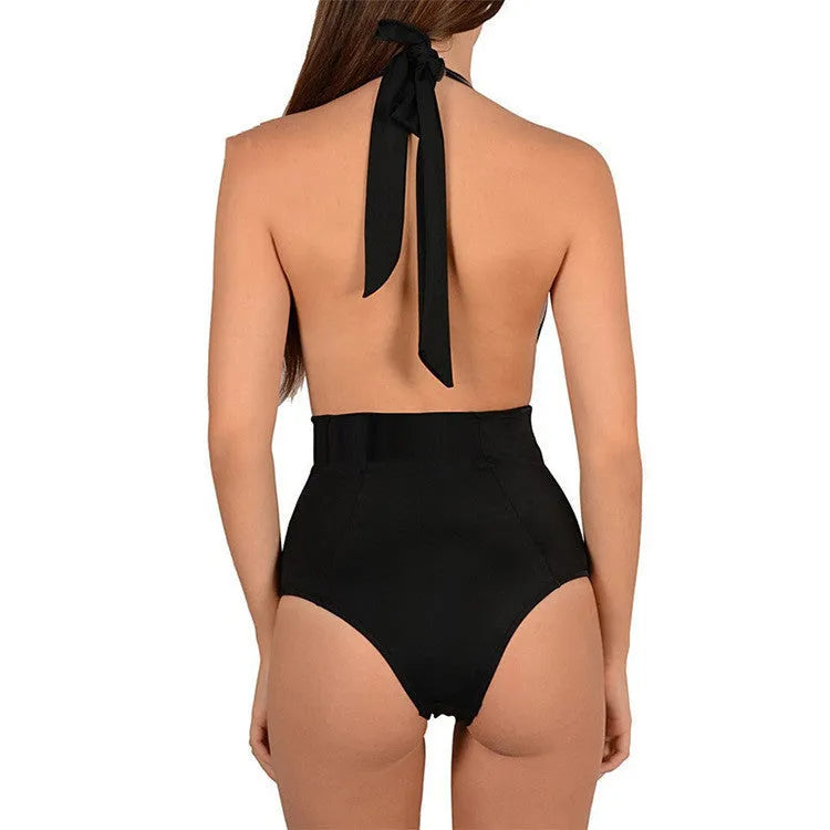 Embroidered halter Siamese bikini set in wine red, front view, on woman, polyester fabric