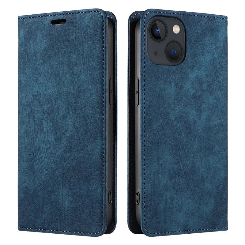 Magnetic flip phone case for iPhone in a solid colour, showing TPU frame and leather cover.