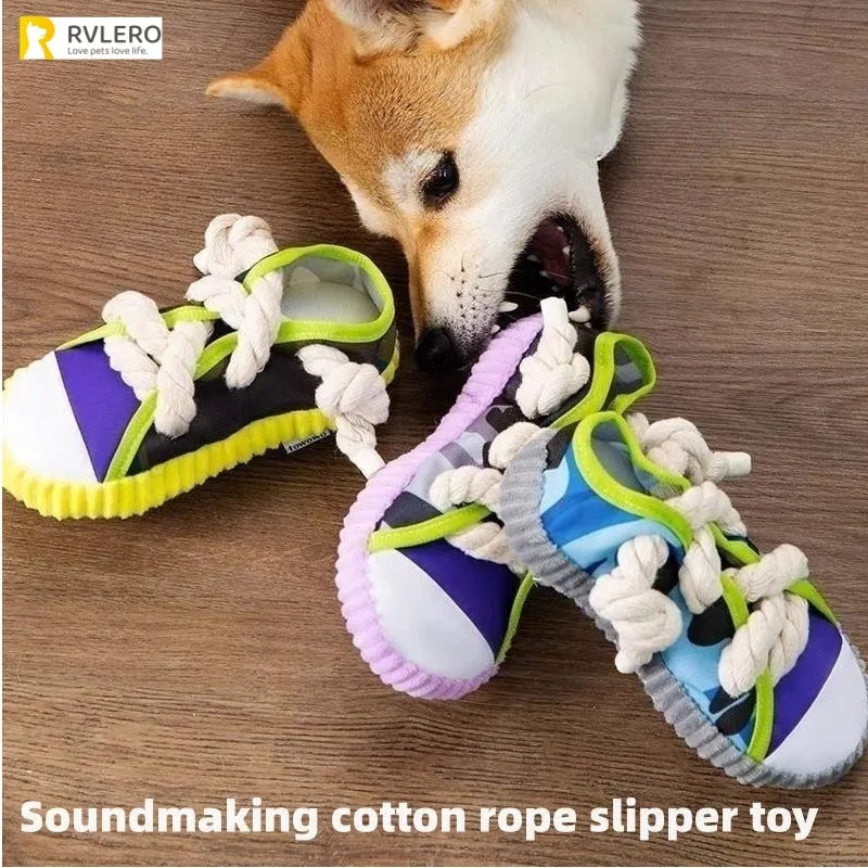 Dog toy shaped like cotton rope slippers with shoelaces, sole patterns, and built-in sound devices for playtime