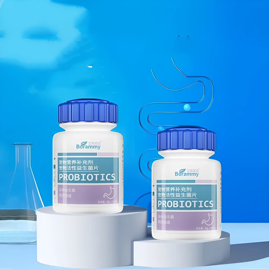 Bottle of Pet Active Probiotic Tablets containing 180 tablets for cat and dog digestive support.