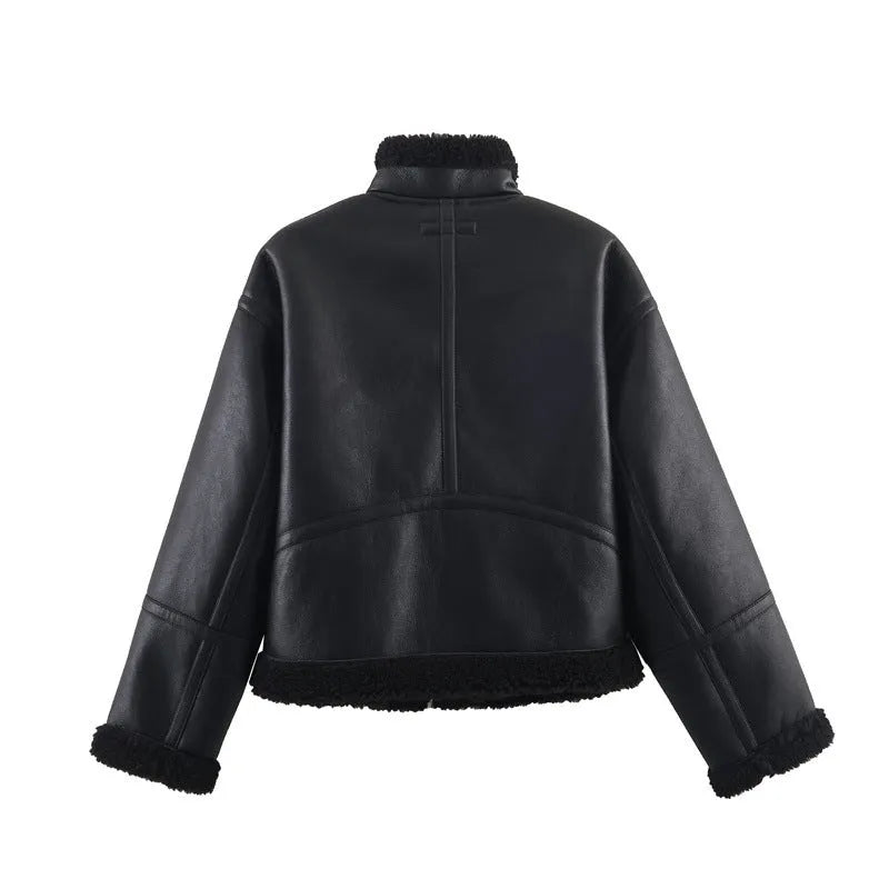 Women's black double-sided fleece jacket with PU fabric, shown front view, casual style, medium thickness.