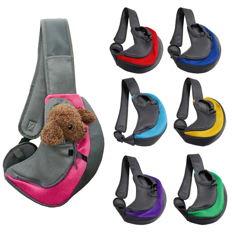 Mesh fabric pet carrier sling with PVC base in seven colours, showing S and L size options