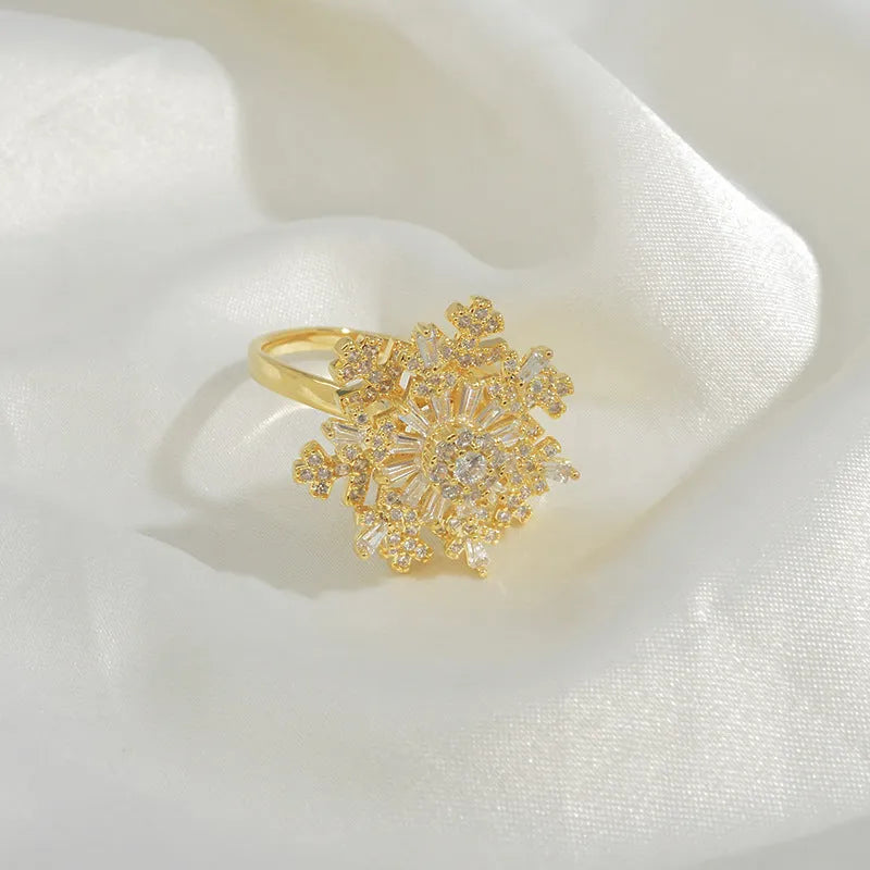 Copper rotating snowflake ring for women, adjustable opening, gold colour, floral shape, electroplated finish