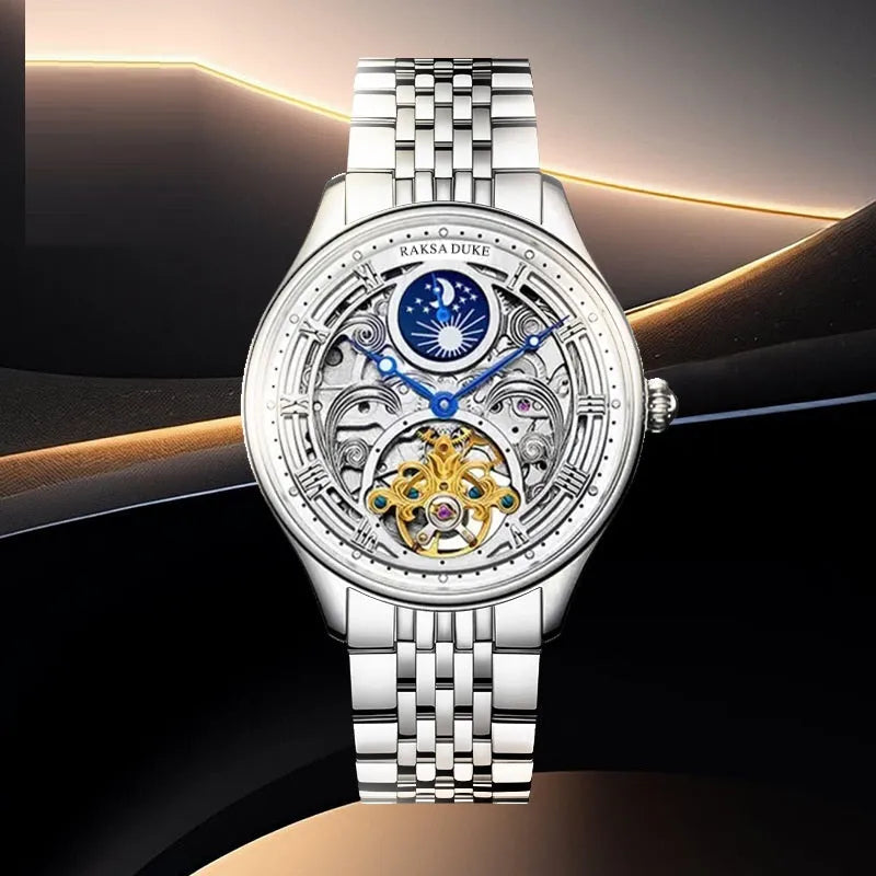 Men's waterproof business watch with a steel strap on a wrist, showing a white dial and 16mm thickness.