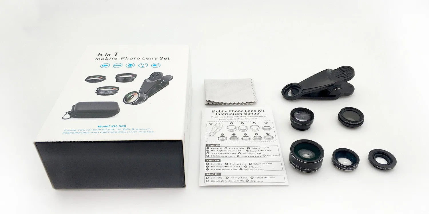 Ten-in-one external camera lens kit with fisheye, wide-angle, and macro lenses on smartphone