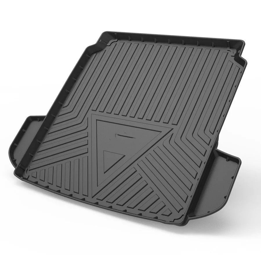 Black carbon fibre pattern TPE car boot liner mat for vehicle trunk protection.