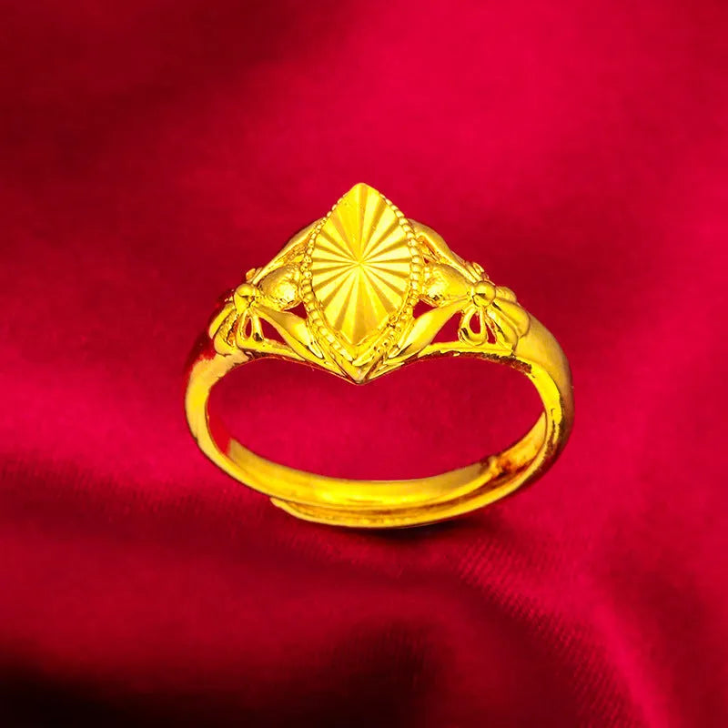 Alluvial gold girls open diamond flower ring with geometric brass construction and textured surface details