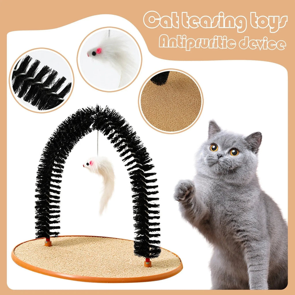 Black plastic arch-shaped cat grooming device with scratching cloth and attached mouse toy