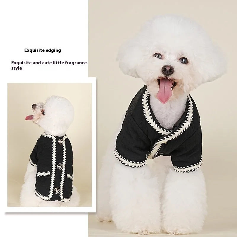 Cartoon-style quilted dog coat in light purple on a small dog.