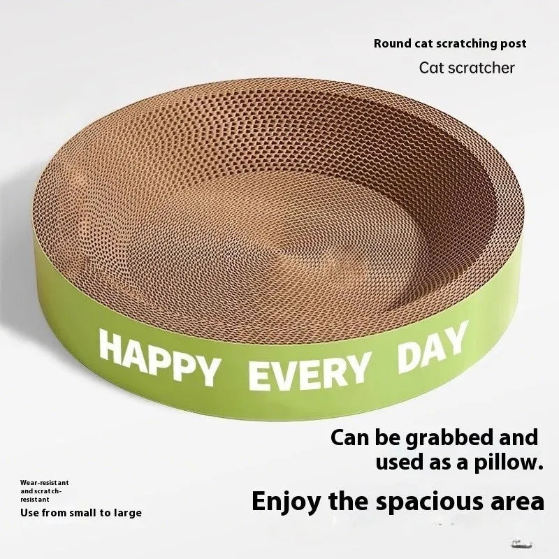 Green round cat scratching board nest with a soft cushion inside.