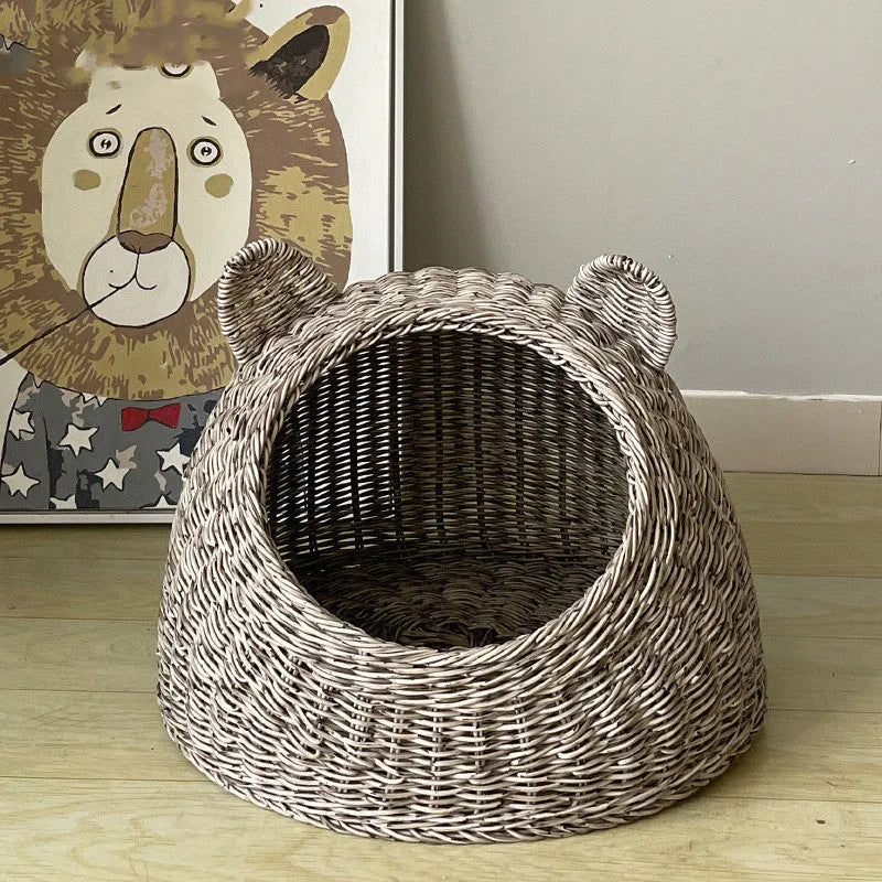 Semi-enclosed hand-knitted imitation rattan cat house with bear ear top in beige