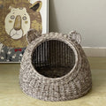 Semi-enclosed hand-knitted imitation rattan cat house with bear ear top in beige