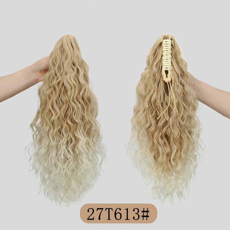 Corn curler wig with water ripple grip ponytail in synthetic high temperature fibre, shown in colour 1B.