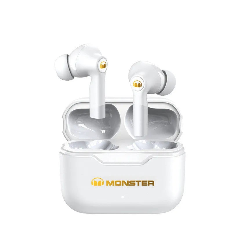 Wireless Bluetooth headset with black earpieces showing in-ear design and USB charging port