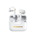 Wireless Bluetooth headset with black earpieces showing in-ear design and USB charging port