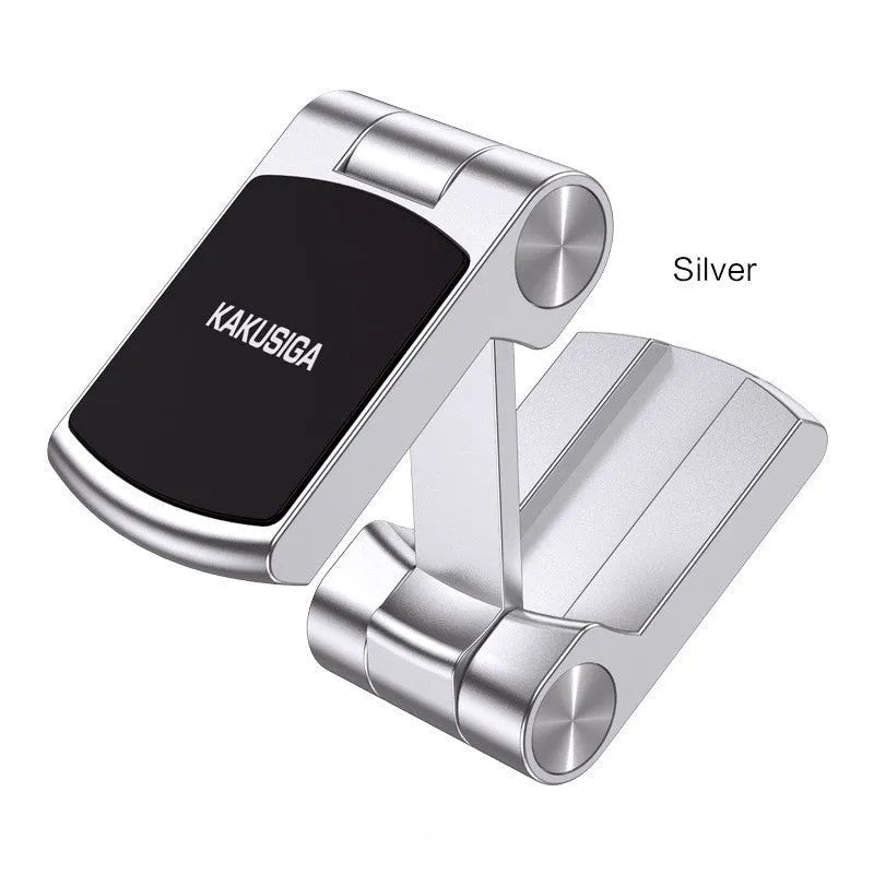 Collapsible magnetic car phone holder in silver, made of ABS leather metal, expanded position