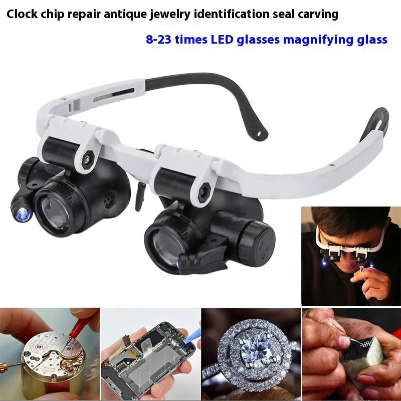 White head mounted magnifying glass with 30 lenses and light on a workbench with circuit board