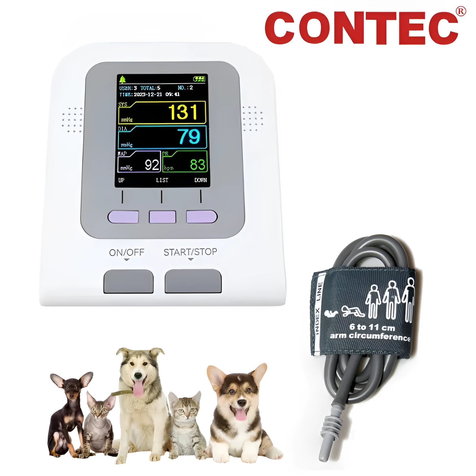 CONTEC08A Vet digital blood pressure monitor for animals with colour screen and attached cuff.