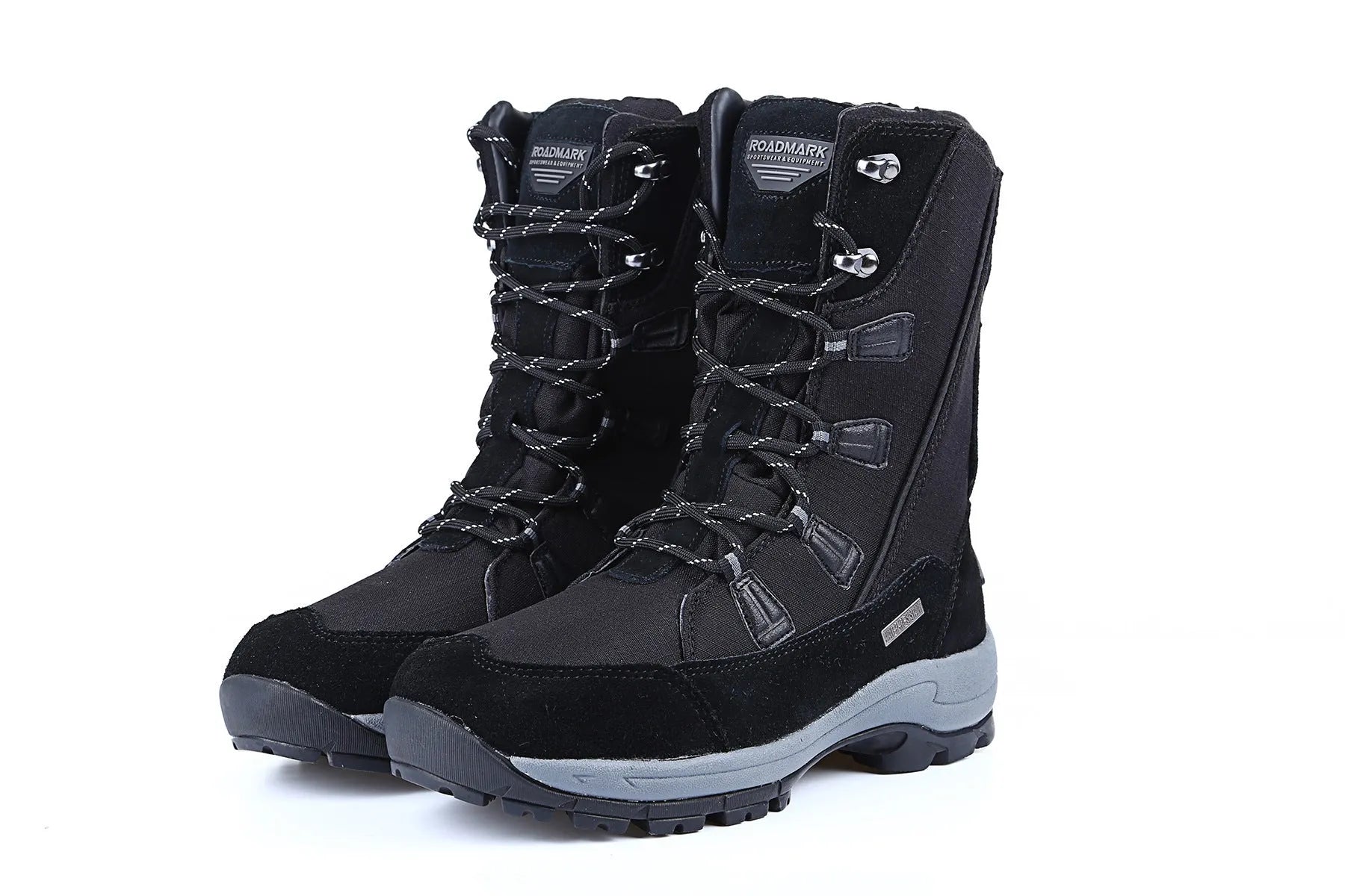 Women's black thermal snow boots with genuine leather upper and rubber sole