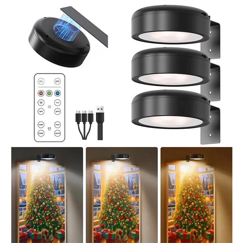 Wireless magnetic LED painting lamp with remote control in black, white or gold, showing multiple light configurations and RGB colour options