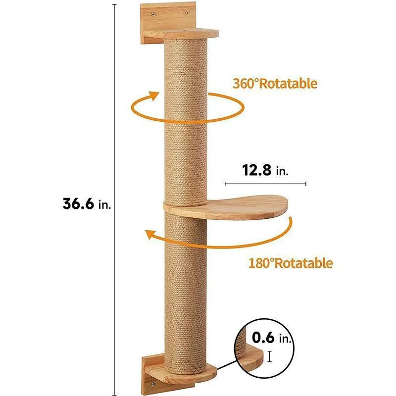 Wooden wall-mounted cat climbing frame with a natural flax cordage scratching post in wood and khaki colours.