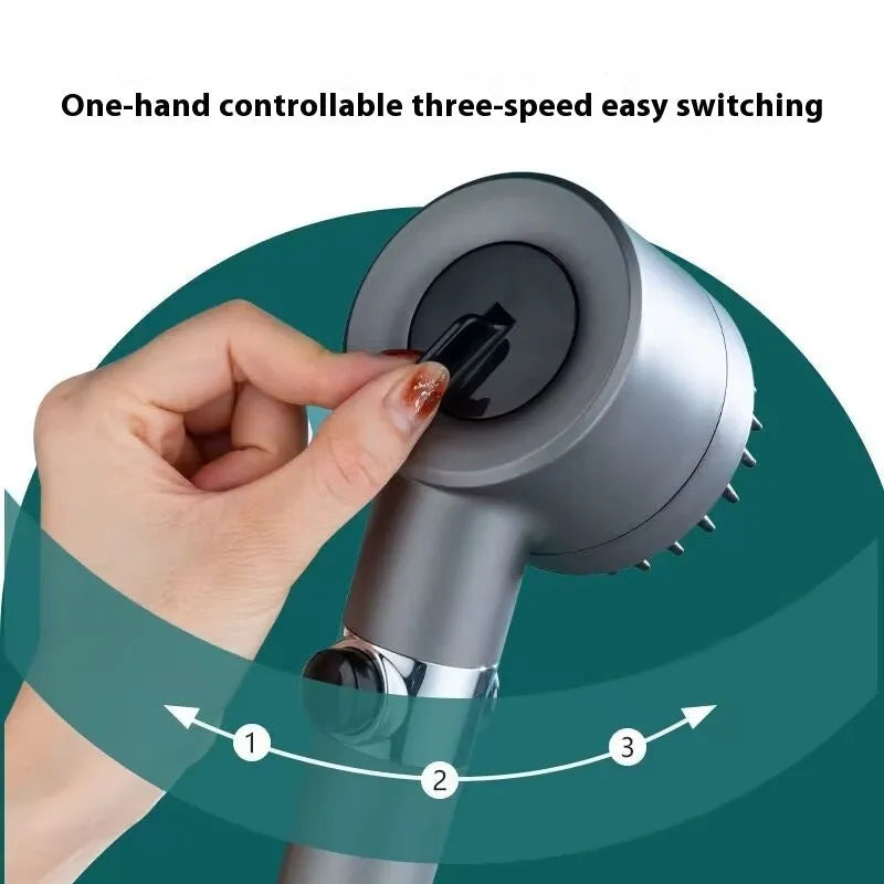 White portable massage shower head with three gear adjustment selector for spray, massage, and rain functions